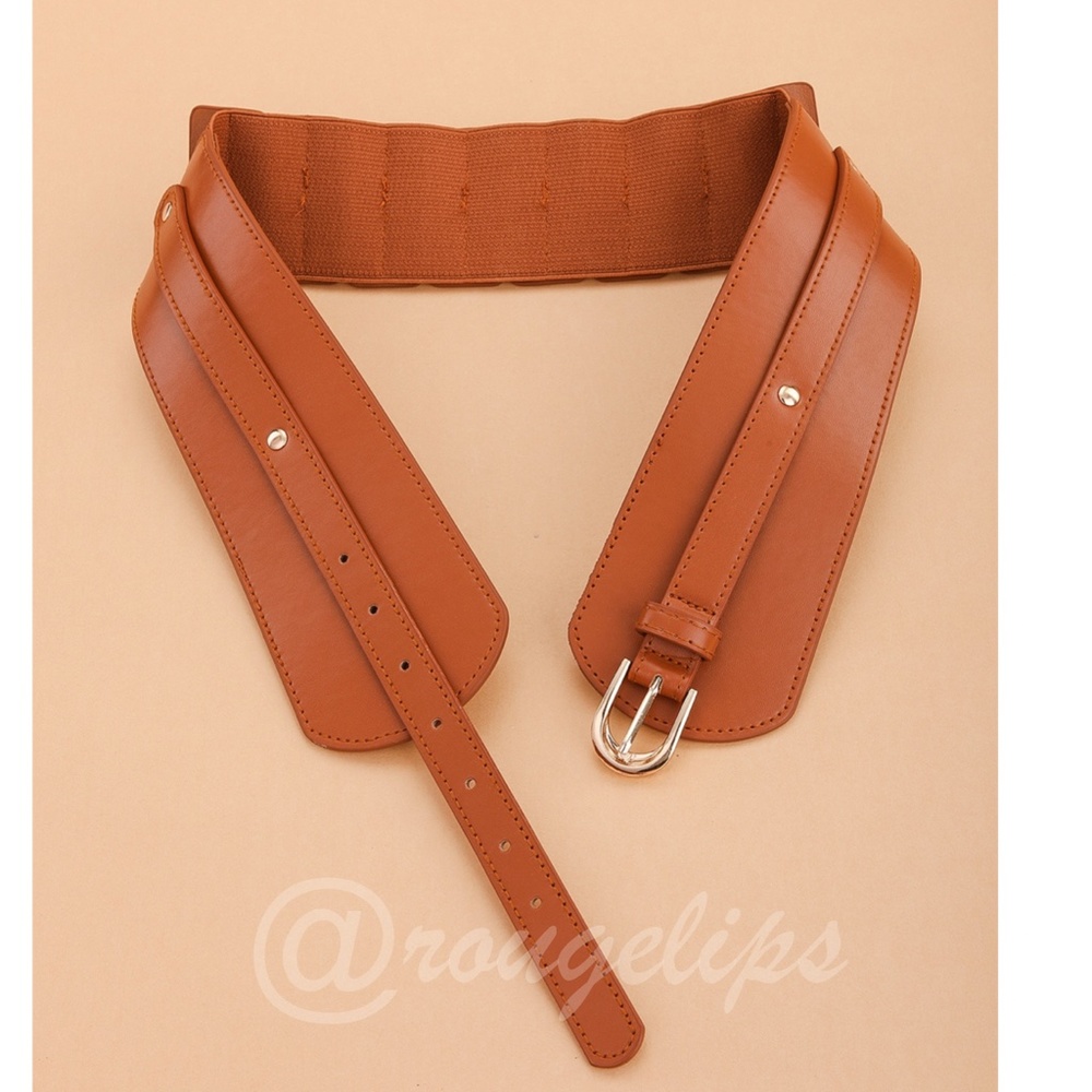 PU Wide Brown Belt Gold Tone Buckle - Picture 2 of 11